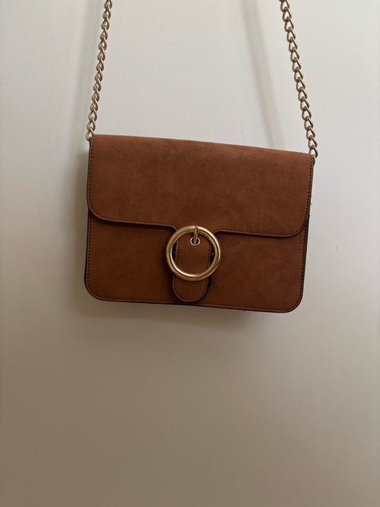 Handbags - Women's Brown Suede Crossbody Bag with Gold Ring Accent